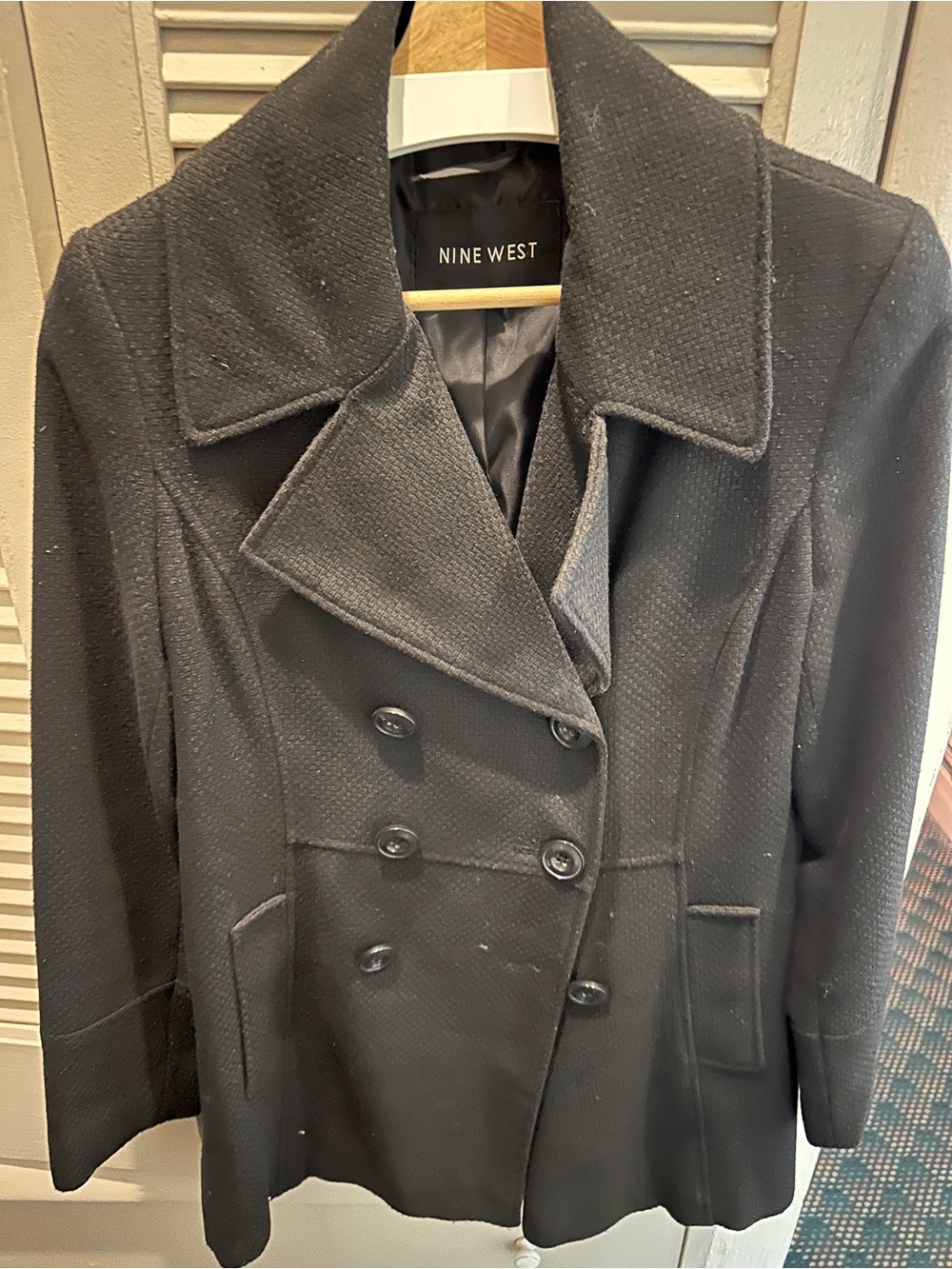 Nine West Black Textured Double-Breasted Pea Coat